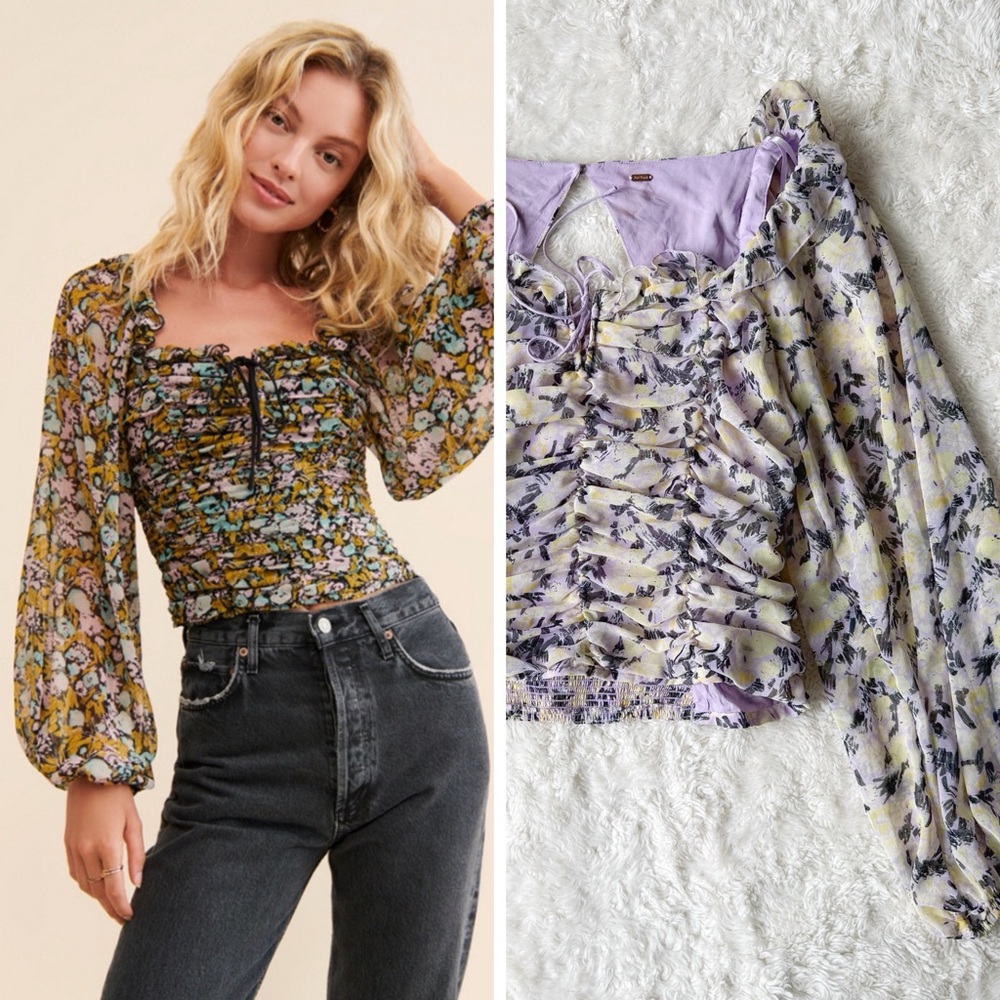Free People Woman Purple Yellow Floral Ruched Smocked Lace Up Ruffle Top Boho